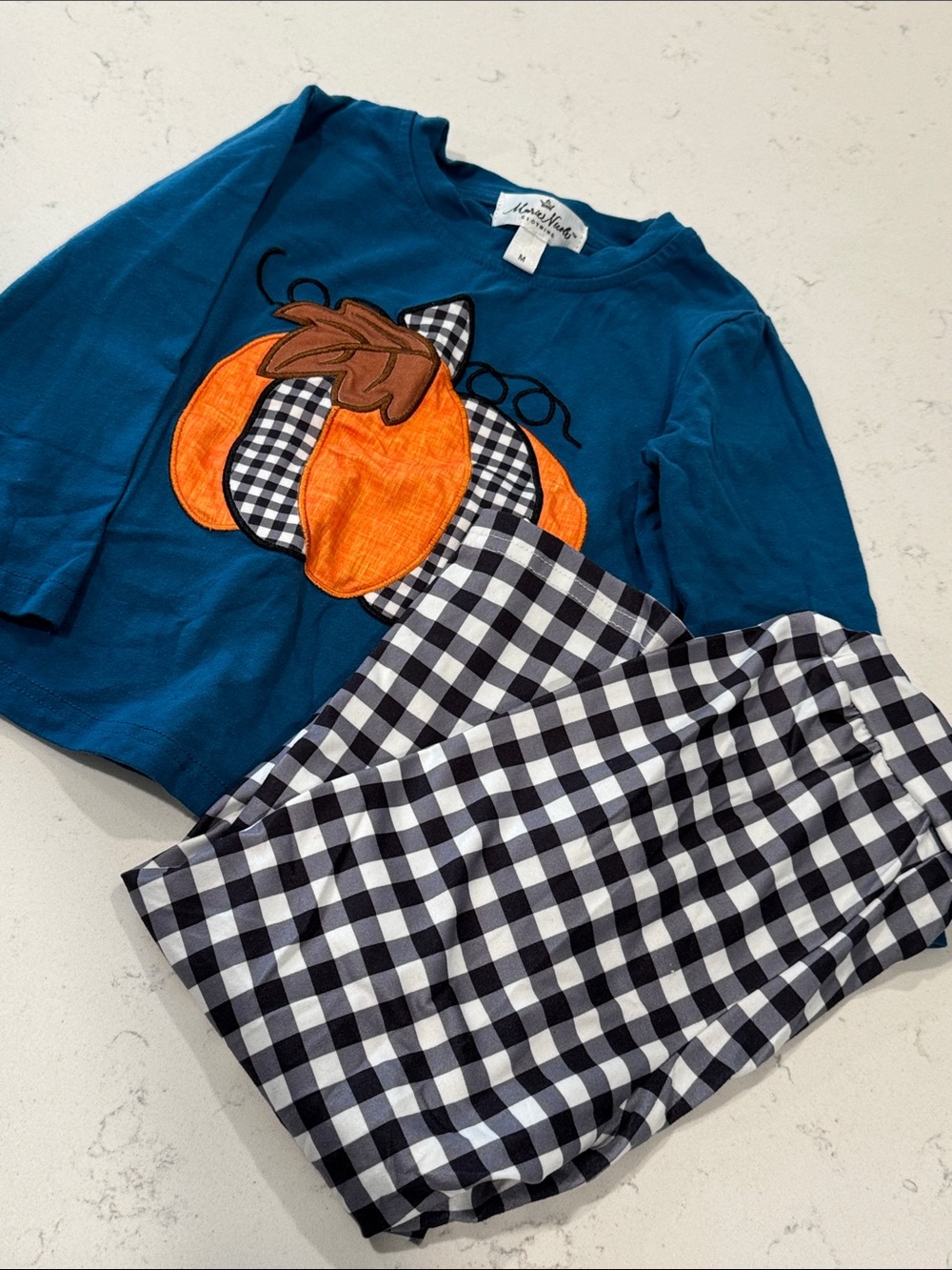 Monterey Bay Teal Top with Orange Pumpkin and Black & White Gingham Pants